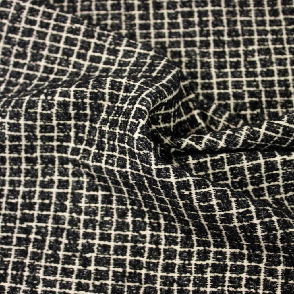 Black & Beige Check Wool Stretch Fabric | THE FABRIC SALES