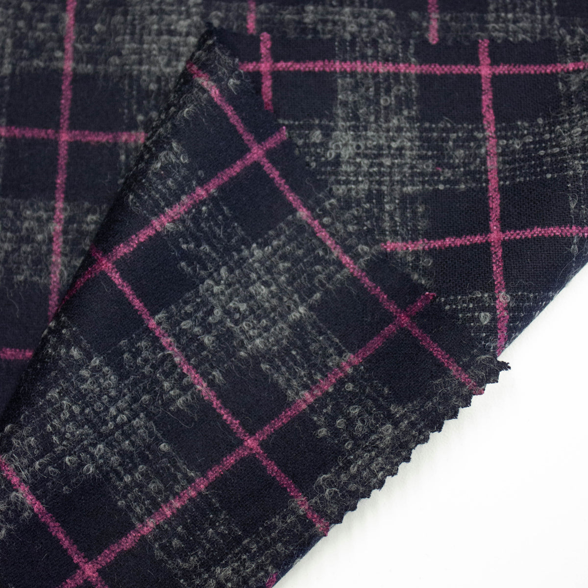 Virgin Wool Fabric | Checked | Dark Blue & Fuchsia & Grey | THE FABRIC ...